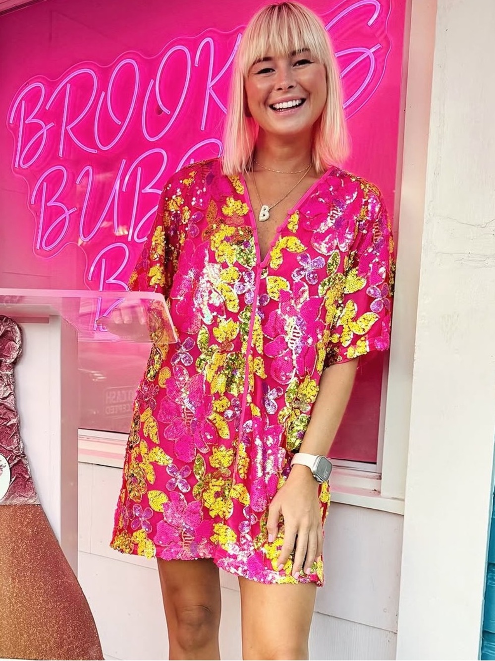 Buddy Love Bright Pink Sequin Floral Mini Dress